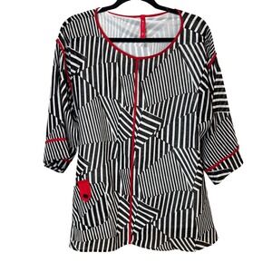 IC By Connie K Asymmetrical Abstract Tunic‎ Blouse Red White Black Size Large